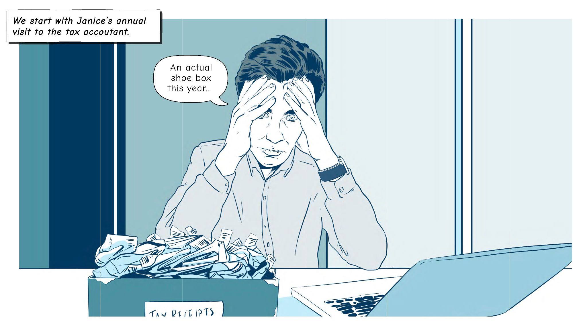Janice stressed at her annual tax accountant visit with a shoebox full of receipts.